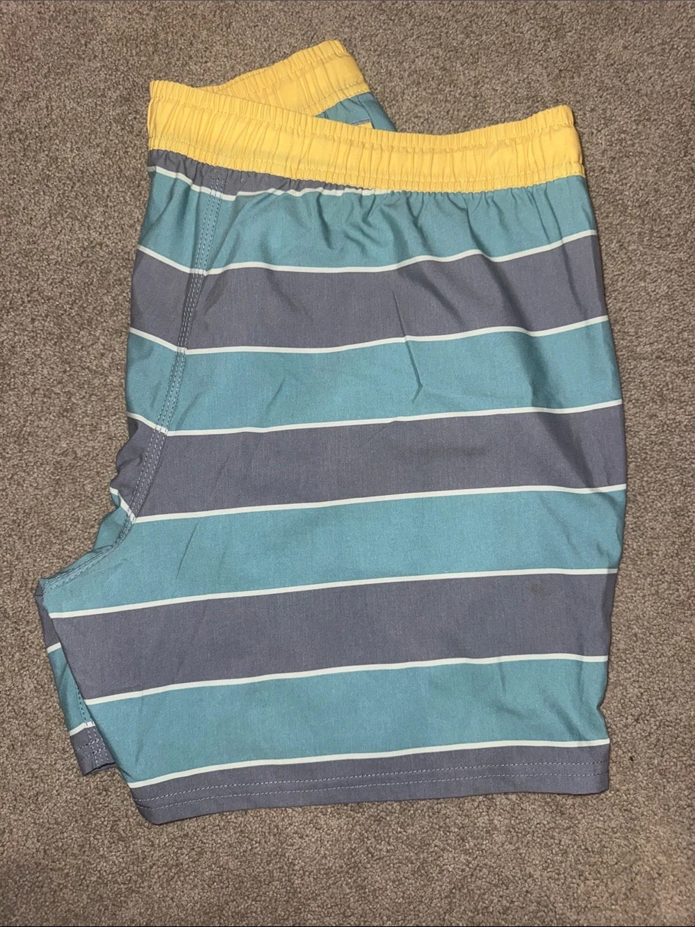 Sperry Men's Teal and Gray Striped Swim Trunks with Yellow Waistband L